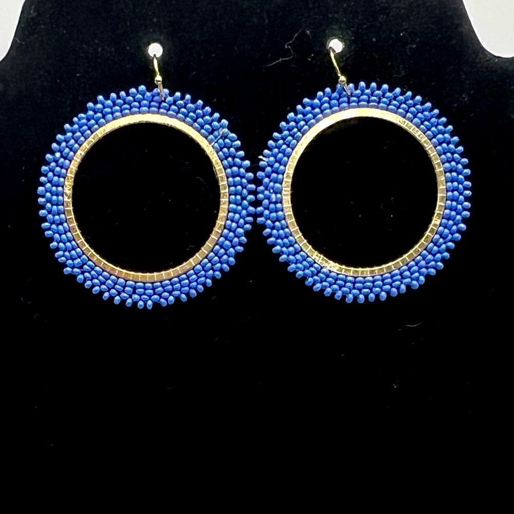 *3/$20* boho gold tone and blue seed bead hoop earrings